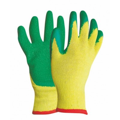 10 gauge yellow cotton polyester liner knitted green crinkle rubber latex coated working gloves