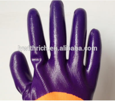 High quality 13gauge orange nylon liner purple nitrile half coated gloves produced factory in China