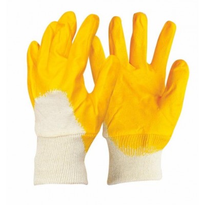 Knitted wrist Interlock cotton fabric yellow nitrile coated working gloves