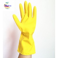 Economy Yellow Household Rubber Latex Cotton Flock Lined Gloves Beaded Cuff Kitchen Garden Dishwashing Gloves